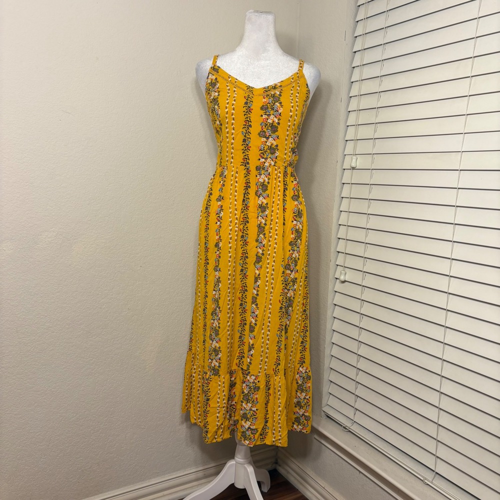 Old Navy Womens Floral Stripe Smocked Back Midi Dress Mustard Yellow Size L